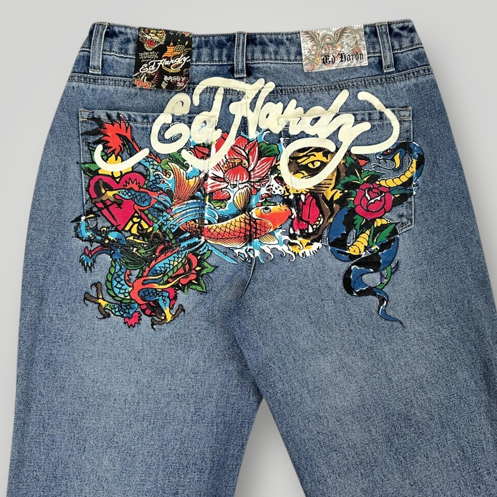 NEW Ed Hardy Jeans Womens 30 Light Wash Baggy Relaxed Straight Tattoo Koi Dragon